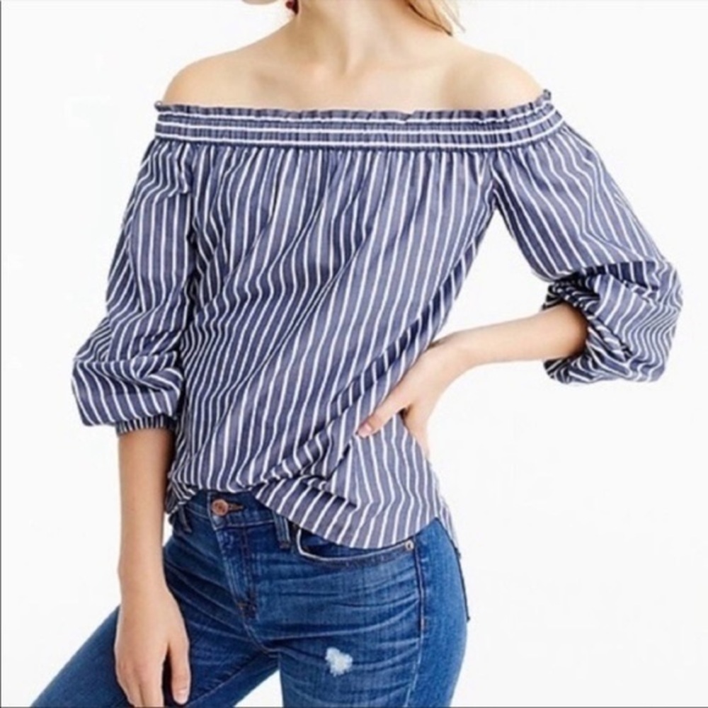 J. Crew Blue and White Off-shoulder Blouse Size 2